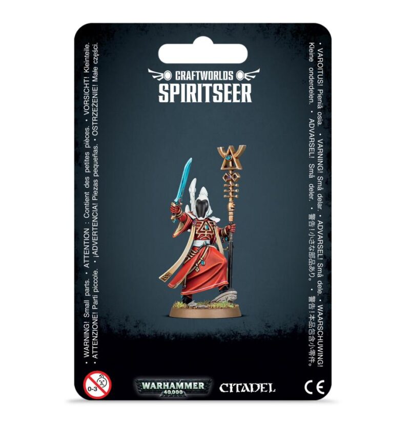 Craftworlds Spiritseer miniature: an elegant Eldar figure with a red robe and blue sword.