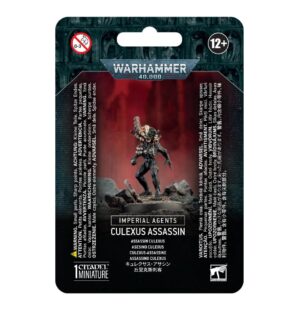 Culexus Assassin miniature package from Warhammer 40,000, showcasing intricate details and vibrant design.