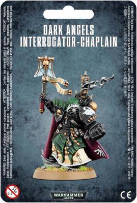 Dark Angels Interrogator-Chaplain miniature: intricate armor, crimson cape, and powerful Crozius Arcanum.