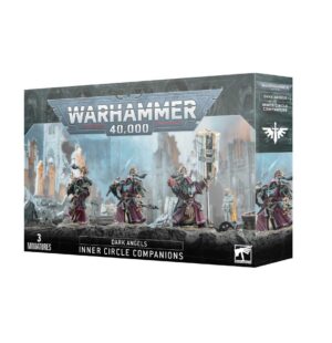 Dark Angels Inner Circle Miniatures set with intricate designs, set against a grim cityscape backdrop.