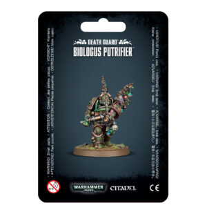 Death Guard Biologus Putrifier miniature figurine, showcasing decay and vibrant color in Warhammer 40K.