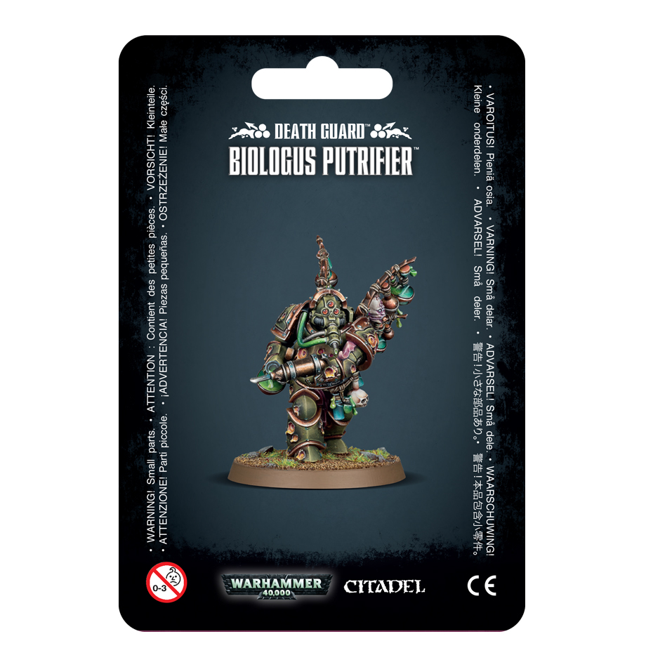Death Guard Biologus Putrifier miniature figurine, showcasing decay and vibrant color in Warhammer 40K.