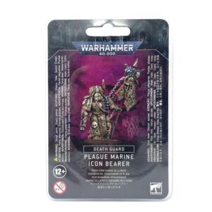 Death Guard Plague Marine Icon Bearer miniature from Warhammer 40,000, showcasing intricate details and vibrant design.