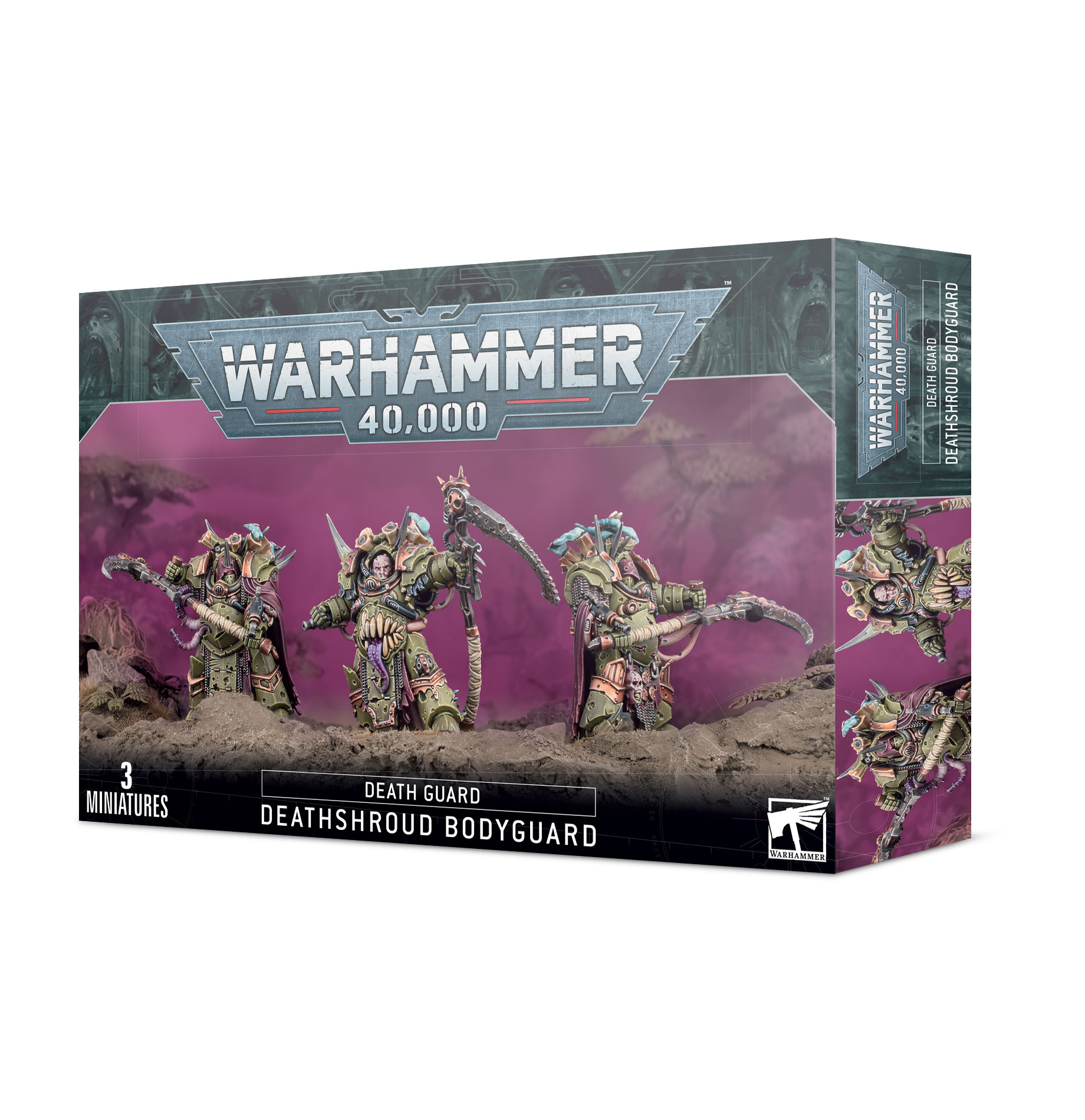 Death Guard Deathshroud miniatures set for Warhammer 40,000, featuring intricate designs and dramatic artwork.