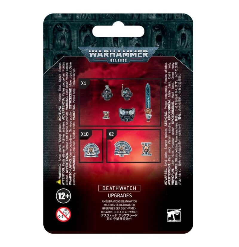 Deathwatch Upgrade Set packaging for Warhammer 40,000 featuring miniatures customization options and safety information.
