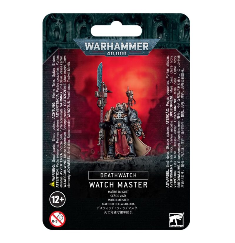 Watch Master miniature from Deathwatch, detailed armor, raised sword, captivating Warhammer 40K collectible.
