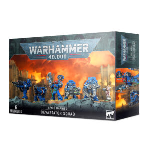 Warhammer 40K Devastator Squad: Blue box set with six detailed Space Marine miniatures amid chaos.