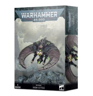 Intricate Doom Scythe Necron miniature from Warhammer 40,000, showcasing sleek design and dramatic artwork.