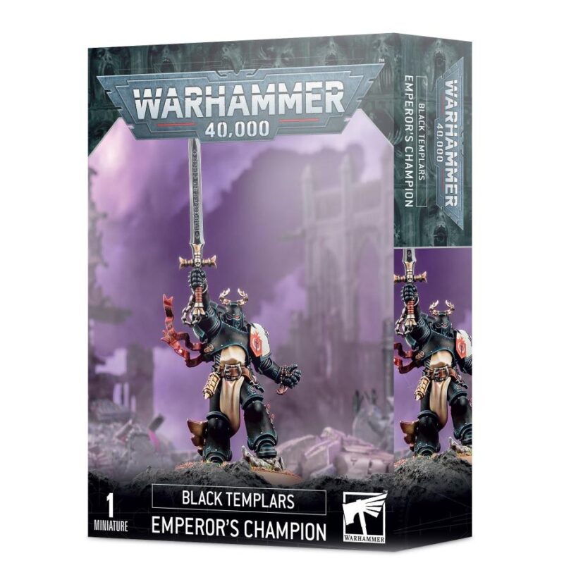 Black Templars Emperors Champion model kit for Warhammer 40K, featuring detailed miniature and dramatic design.