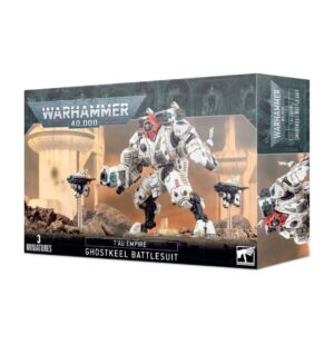 Ghostkeel Battlesuit box art showcases dynamic design and Sci-Fi aesthetics from Warhammer 40,000.