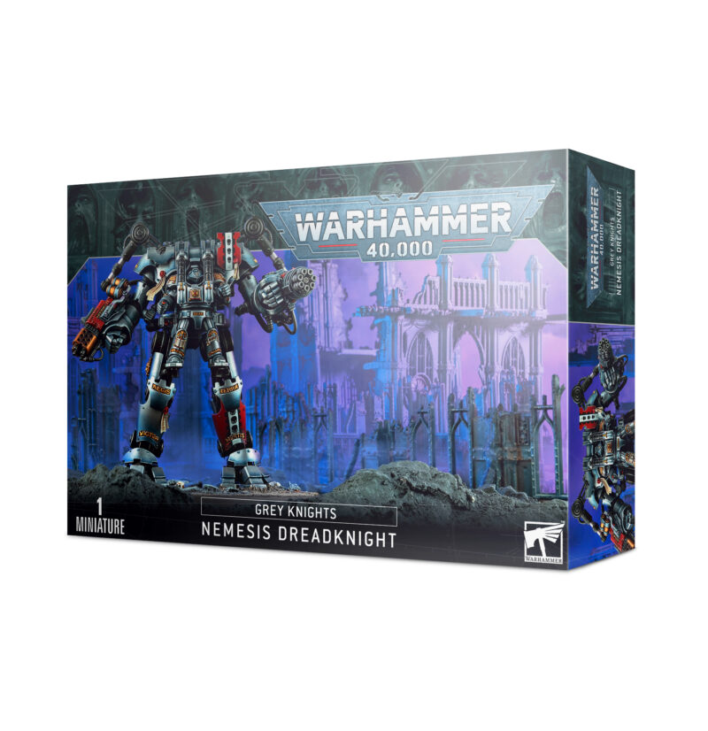 Grey Knights Nemesis Dreadknight model kit artwork showcasing epic design and Warhammer 40,000 lore.