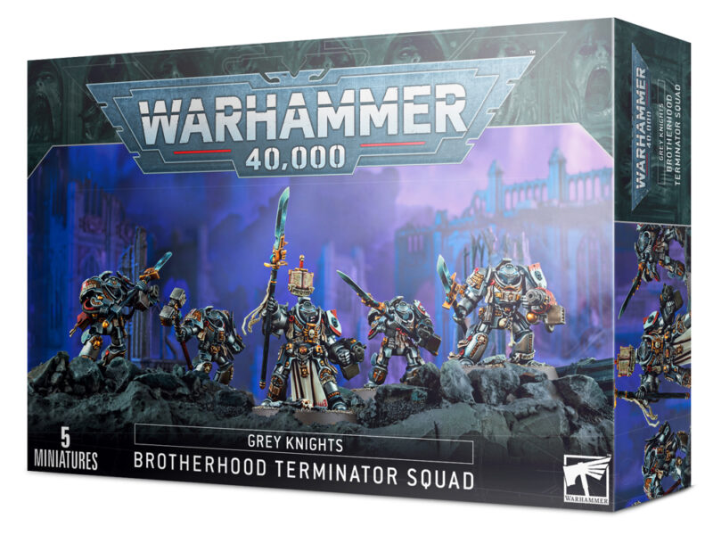 Grey Knights Terminator Squad miniatures set for Warhammer 40K, featuring five detailed figures.