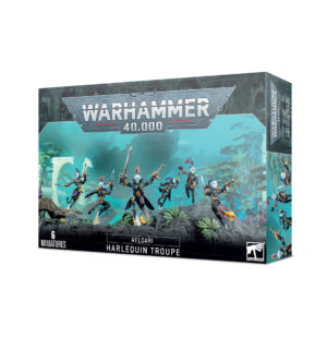 Vibrant Harlequin Troupe Miniatures for Warhammer 40,000—dynamic poses and colorful costumes.