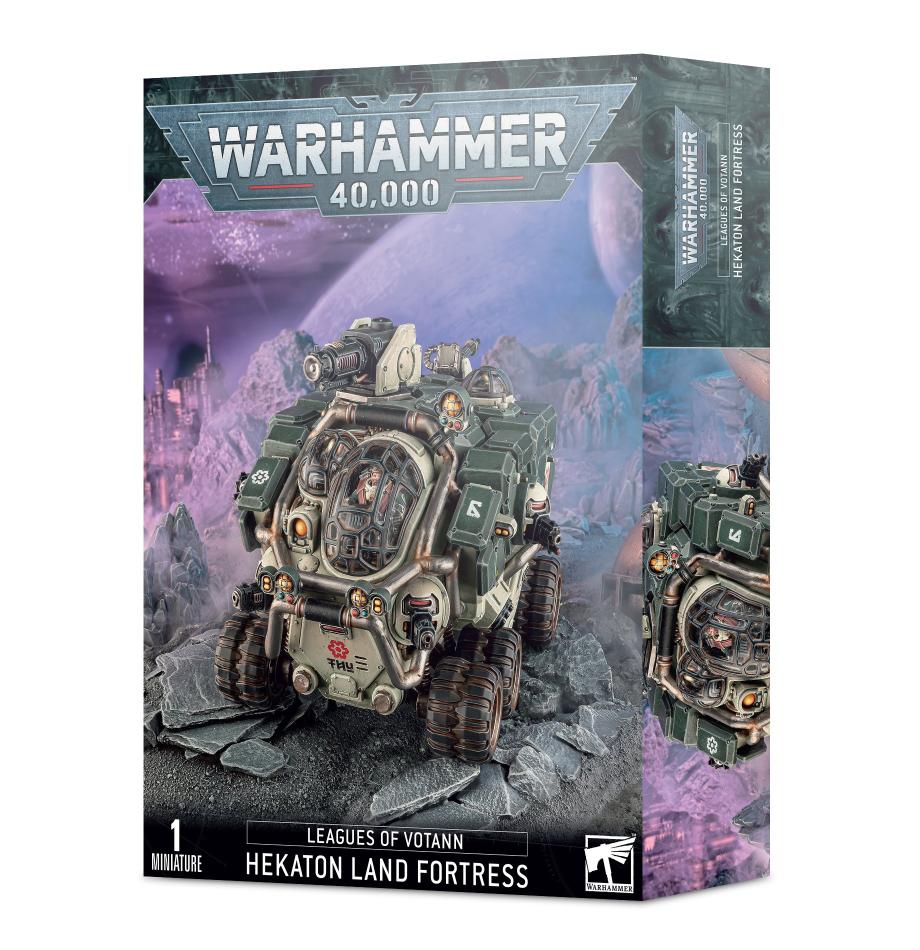 Hekaton Land Fortress box art for Leagues of Votann in Warhammer 40K, showcasing advanced technology.