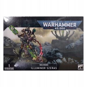 Illuminor Szeras Necron miniature box art for Warhammer 40,000, featuring dynamic pose and energy effects.