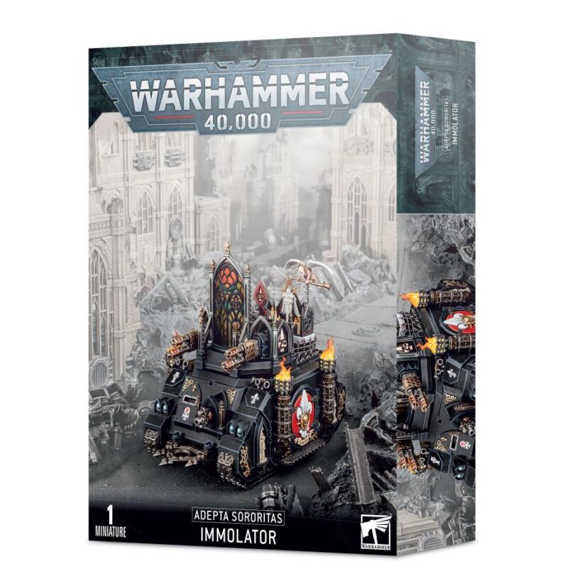 Immolator vehicle model kit for Warhammer 40K, featuring the Adepta Sororitas in a gothic design.
