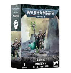 Imotekh the Stormlord Necron miniature box art from Warhammer 40,000 with dynamic, detailed design.