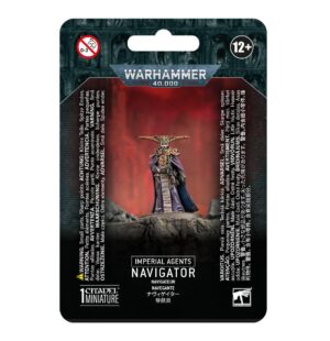 Imperial Agents Navigator miniature from Warhammer 40,000, featuring intricate details and gothic packaging.
