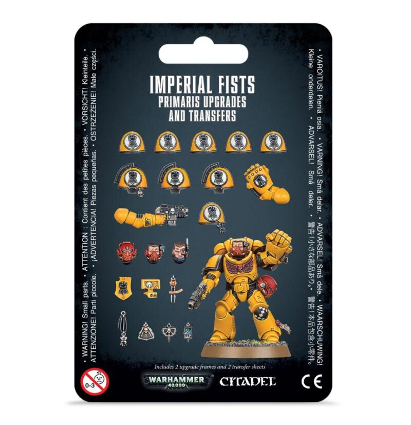 Imperial Fists upgrade set with dynamic Space Marine and detailed shoulder pads for customization.