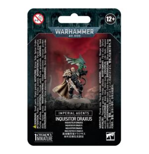 Inquisitor Draxis miniature model from Warhammer 40,000, showcasing intricate armor and companion creature.