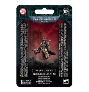 Inquisitor Greyfax miniature figurine, Warhammer 40K, detailed armor, dark aesthetic, collectible model.