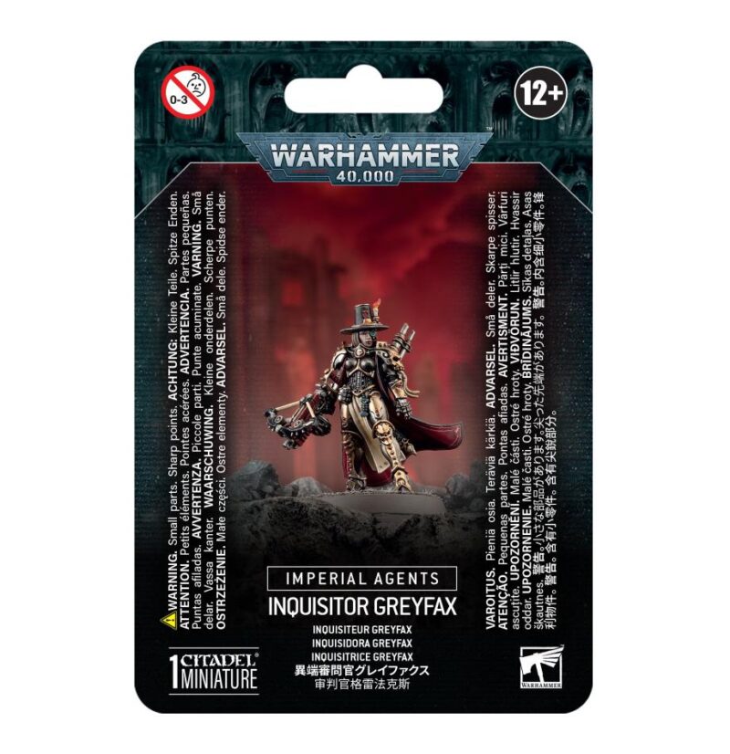 Inquisitor Greyfax miniature figurine, Warhammer 40K, detailed armor, dark aesthetic, collectible model.