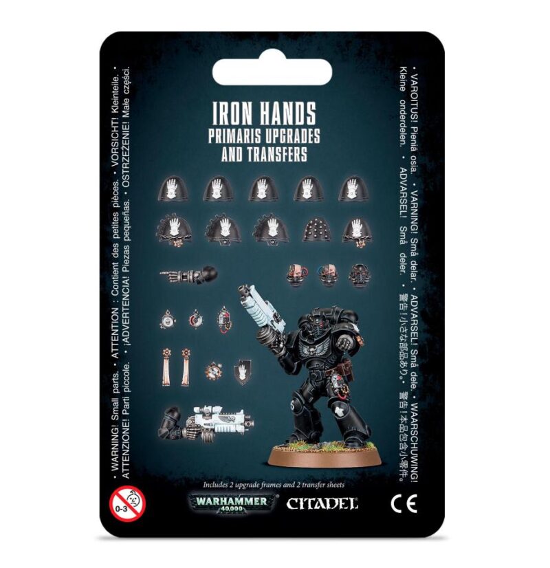 Iron Hands Primaris Space Marine Miniature Set with customizable parts and detailed artwork.