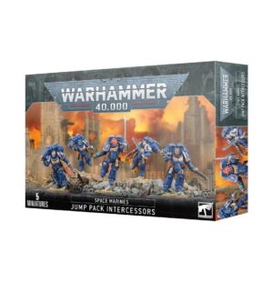 Dynamic Jump Pack Intercessors miniatures in blue armor for Warhammer 40,000 tabletop gaming.