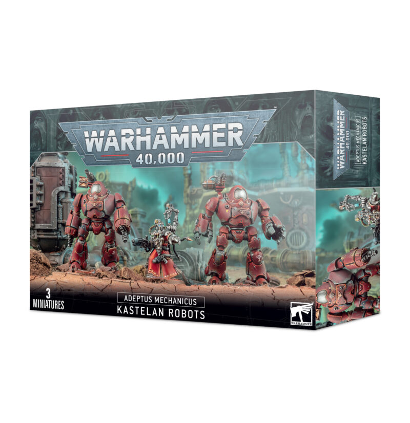 Adeptus Mechanicus Kastelan Robots boxed set featuring detailed miniatures in a dystopian Warhammer 40K setting.