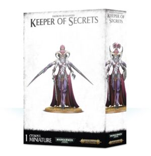 Warhammer Keeper of Secrets miniature model box with striking purple and silver artwork.