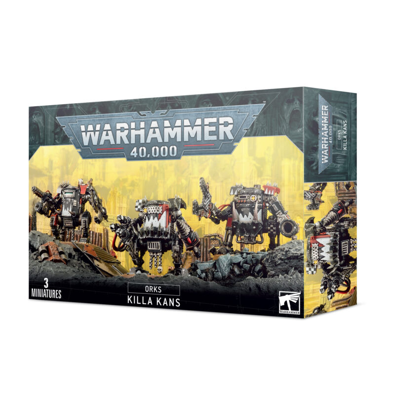 Killa Kans Miniature Set: Detailed Ork battle mechs for Warhammer 40,000 collectors and hobbyists.