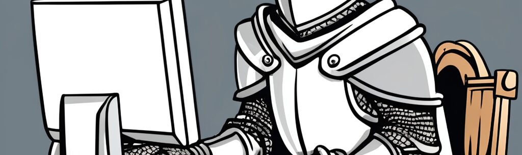 Knight in shining armor hilariously using a computer at a wooden desk.