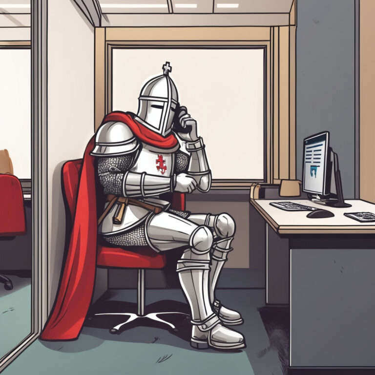 Knight in armor humorously navigates modern office life with a phone and thoughtful pose.