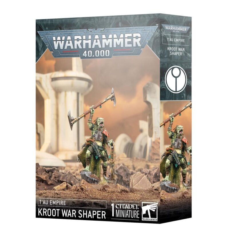 Kroot War Shaper miniature box art for Warhammer 40,000, featuring detailed, dynamic character design.