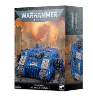 Vibrant Warhammer 40K Land Raider Crusader model kit box art showcases dynamic battle scene and details.