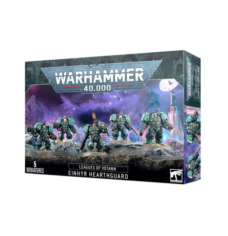 Leagues of Votann Einhyr Hearthguard miniatures set: five armored warriors for epic battles.