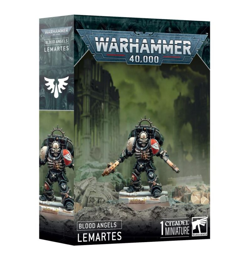 Lemartes Blood Angels miniature from Warhammer 40,000, showcasing dynamic pose and intricate gothic design.