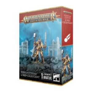 Vibrant Lord-Celestant miniature box from Warhammer Age of Sigmar, perfect for assembling and painting.