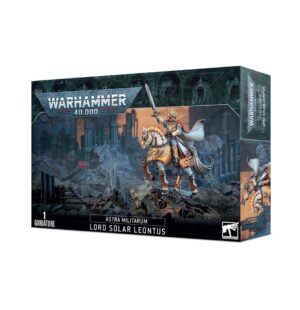 Lord Solar Leontus model from Warhammer 40,000, featuring vibrant artwork and detailed packaging.