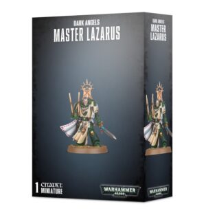 Master Lazarus collectible figure, Dark Angels chapter, Warhammer 40,000, detailed miniature in dark green and gold.