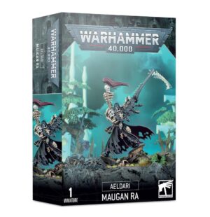 Maugan Ra Aeldari miniature from Warhammer 40,000, featuring dynamic art and mystical design elements.