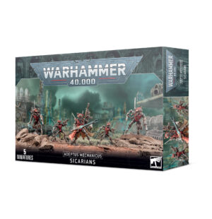 Adeptus Mechanicus Sicarians Miniatures Set: Five detailed figures in a dark Warhammer 40K landscape.