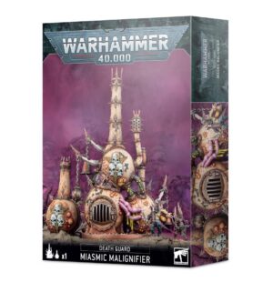 Miasmic Malignifier box for Warhammer 40,000 Death Guard, featuring dark artwork and grotesque model.