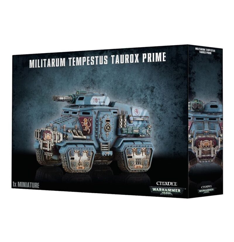 Militarum Tempestus Taurox Prime box art showcases a dynamic armored vehicle in vibrant colors.