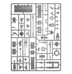 Detailed gray plastic sprue for model kits, featuring mechanical parts and customization options.