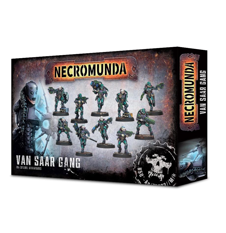 Vibrant Necromunda Van Saar Gang miniatures boxed set featuring detailed sci-fi characters and designs.