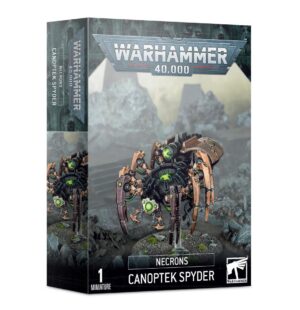 Necron Canoptek Spyder model box art for Warhammer 40,000, showcasing intricate design and dystopian theme.