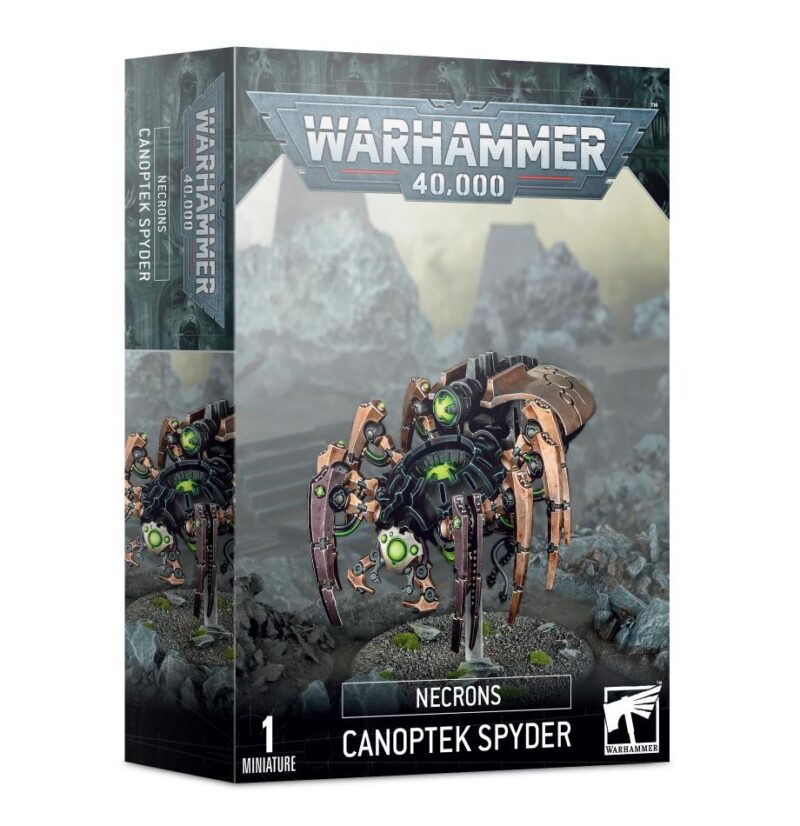 Necron Canoptek Spyder model box art for Warhammer 40,000, showcasing intricate design and dystopian theme.