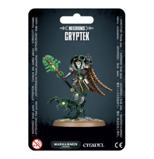 Vibrant Necron Cryptek miniature with glowing details and a mechanical companion, perfect for Warhammer 40K.