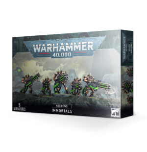 Necron Immortals Miniature Set for Warhammer 40,000 features five detailed metallic figures in vibrant packaging.